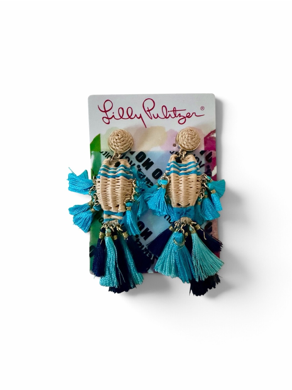 Lilly Pulitzer Turquoise and Navy Tassel Woven Drop Earrings